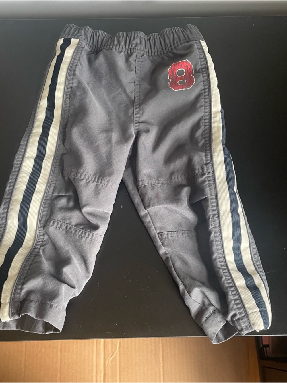 Ruff Hewn Gray Joggers with Navy & White Side Stripes and Red '8' Patch 24m